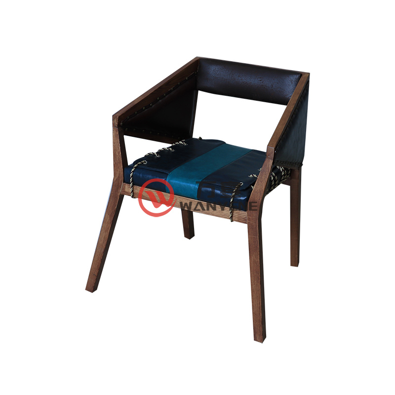 实木仿古主题工业风实木餐椅 拉线结扎皮料座垫椅子