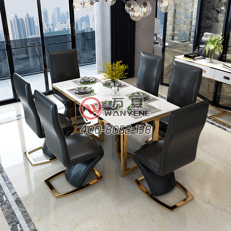 轻奢风格家具 意式爵士白大理石 简约餐桌 金色亮光不锈钢北欧风餐桌定制版