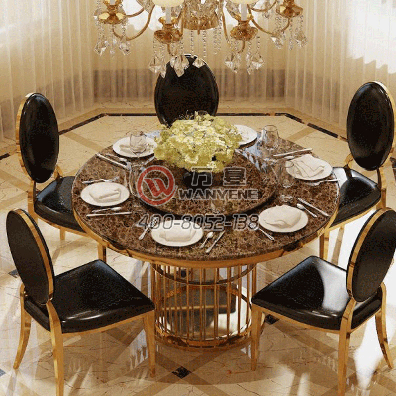 轻奢家具系列 奢华不锈钢镀金拉丝餐桌 爵士白大理石带转盘