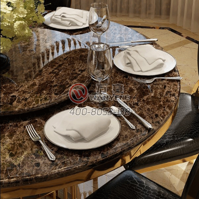 轻奢家具系列 奢华不锈钢镀金拉丝餐桌 爵士白大理石带转盘