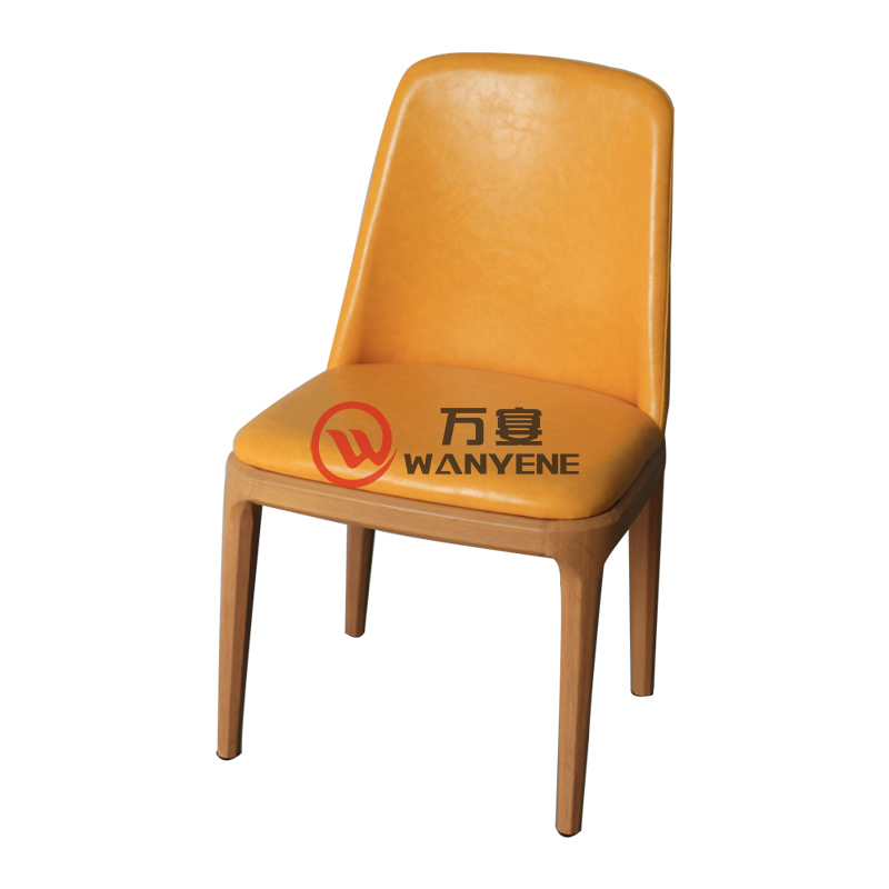 橙色木纹五金餐椅 皮料软料靠背座垫酒店餐椅 舒适大方金属焊接结构稳固耐用火锅椅子